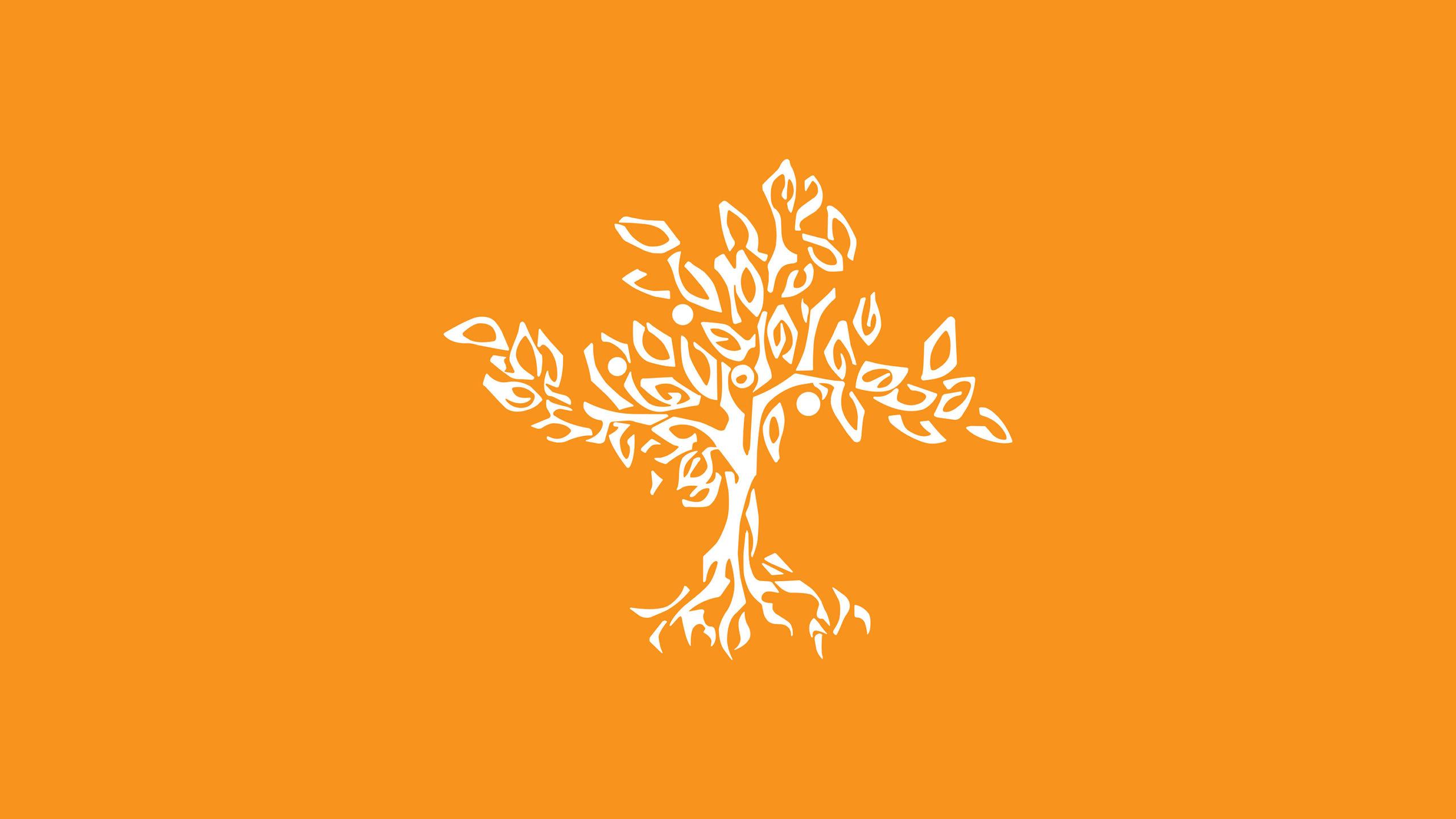 pitzer tree logo on an orange background